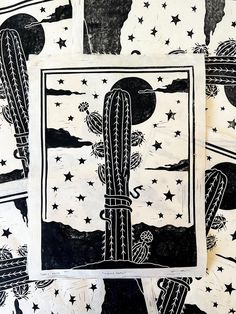 three black and white pictures with cactus designs on them