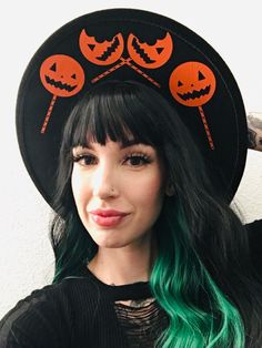 "Welcome to Witchwood's brand new XL wide brim hats! These hats have our biggest brim yet! They are made of sturdy vegan felt and are all hand printed.   Vegan Felt Size: 23\" (but size is adjustable and can be sized down, inside the hat) PLEASE NOTE: These hats have a bit more \"give\" to the circumference and can fit a slightly bigger size than our other wide brim hats Brim - 3.75\" wide Hat Color - Black Print Color - Orange" Halloween Lollipop, Wide Hat, Goth Horror, Wide Brim Hats, Brim Hats, Felt Hat, Wide Brimmed Hats, Brim Hat, Fedora Hat