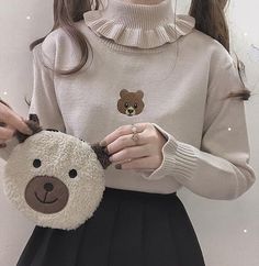 Cute Bear Embroidered Ruffled Turtleneck Sweater – Tomscloth Cute Long Sleeve Sweater With Ruffles, Cute Beige Winter Tops, Cute Solid Color Fall Sweater, Cute Winter Sweater With Ruffles, Cute Ruffled Winter Sweater, Embroidery Sweaters, Cute Turtleneck, Autumn Bear, Bear Fashion