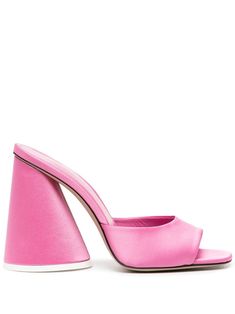 Luz 105mm satin mules from The Attico featuring geranium, calf leather, satin finish, branded insole, open toe, square toe and high sculpted heel. Velvet Mules, Pink Geranium, Ankle Tie Sandals, Suede Mules, Satin Pumps, Leather Mules, Open Toe Sandals, Green Satin, Mule Clogs