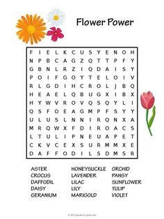 a flower power word search is shown in this image, with the words below it