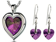 CZ I Love You heart necklace and crystal heart drop earrings, purple 925 sterling silver jewelry set. Crystal heart-shaped dangle earrings, 0.4 inches, 10mm, set in a pinch bail and measure 1.25 inches, 3.3cm, including the fish hooks. Please note; the heart earrings do not contain an inscription Heart-shaped love necklace, 24k gold inscribed with I Love You in 120 different languages on purple cubic zirconia, 0.6 inches and prong set into a 925 sterling silver frame, 0.7x0.96 inches, including Swarovski Heart Earrings, Silver Heart Jewelry, Heart Jewelry Set, Swarovski Heart, Silver Jewellery Sets, Anniversary Jewelry, Heart Drop Earrings, 925 Sterling Silver Chain, Purple Heart