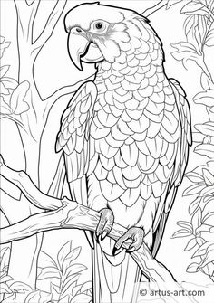 a large parrot sitting on top of a tree branch in the jungle coloring pages for adults