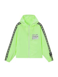 Details: Long sleeve hooded windbreaker in neon green Zip front closure Side pockets Pull loop elastic hood and hem Handwritten 'Note' Graphic on chest Logo stripe on sleeve Loose fit Materials & Care: 100% Polyester Hand wash | Dry clean Do not bleach Size & Fit: Model is 5'7", Bust 32, Waist 24, Hips 35, wearing a size S Item #: JL3JA06 Neon Windbreaker, Green Windbreaker, Neon Green, Concert Outfit, Adidas Jacket, Sweat Shirt, Rain Jacket, Ready To Wear, Loose Fitting