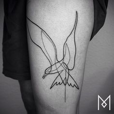 a black and white photo of a bird tattoo on the right thigh, with lines running through it