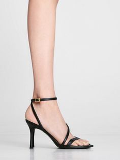 Black Asymmetric Strappy Heeled Sandals - CHARLES & KEITH US Charles And Keith, Faux Leather Heels, Size Chart For Kids, Strappy Sandals Heels, Black Sandals Heels, Dinner Outfits, Charles Keith, Heel Sandal, Heeled Sandals