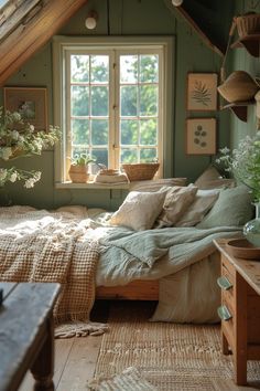 a bed sitting under a window in a bedroom next to a wooden table and chair