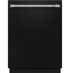 a black dishwasher with the door open and an orange handle on it's side