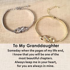 💗CARD MESSAGE,  To My Granddaughter / Daughter Someday when the pages of my life end, I know that you will be one of the most beautiful chapters. Always keep me in your heart, for you are always in mine. 💗SPECIFICATIONS Material: AAA+ Cubic Zirconia, Nickel and Tarnish Free Bracelet color: Gold, Silver, Rose gold  Bracelet length: 6.5" + 2" extender  Inner Diameter: 2.4-2.5"  Quantity: 1 Piece  💗Package Content: Bracelet*1, Bracelet Box*1, Gift Card*1 Any questions, please contact me.  Thank Keep Me In Your Heart, Bracelet Or, To My Granddaughter, Bracelet Box, Infinity Heart, Gift Graduation, Free Bracelet, Rose Gold Bracelet, Mother's Day Gift