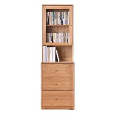 a tall wooden bookcase with two drawers and several books on it's sides