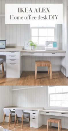 an office desk with drawers and chairs in white painted wood paneling, along with the words ikea alex home office desk diy