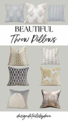 four pillows with different patterns and colors on them, all in various shapes and sizes