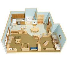 a model of a living room and kitchen area with furniture on the floor, as well as an office