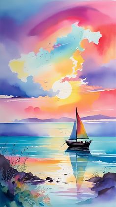 a painting of a sailboat on the water at sunset with clouds in the sky