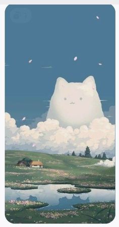 a white cat sitting on top of a lush green field under a blue sky filled with clouds