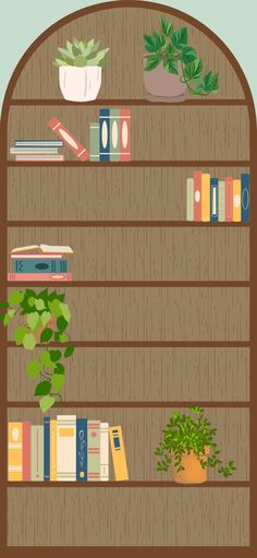 a book shelf filled with books and plants