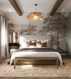 a large bed sitting under a wooden beam in a bedroom next to a wall with trees on it