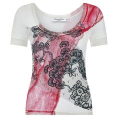 This Christian Dior t-shirt dates back to the brand's highly sought-after noughties era when John Galliano was at the creative helm of the house. This short-sleeve top is cut with a scoop neckline and trimmed with sheer mesh at the sleeves, neckline and bottom hem. Printed across the front and rear with an intricate design of honeycomb like mesh and vines and flowers that almost look like fans, the pattern is set against a splashy red paint backdrop. The label reveals it was 'Made in Italy' and the t-shirt is in excellent vintage condition with no flaws of any note. This print featured on a dress which was shown in Dior's 'The Greatest Show in Asia' fashion show held in June 2006 in Shanghai, China. Labelled a UK 10 or U6, there is a good deal of stretch to the soft-to-the- touch 96% cotto Paint Backdrop, Dior T Shirt, Vines And Flowers, Original Supermodels, T Shirt Flowers, 20th Century Fashion, Printed Silk Shirt, Bohemian Blouses, Mesh T Shirt