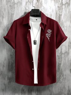 Burgundy Casual Collar Short Sleeve Fabric Floral,Plants Shirt Embellished Non-Stretch  Men Clothing Burgundy Shirt Outfit Men, Casual Dark Academia Outfits, Drippy Clothes, Dark Academia Outfits Men, Short Sleeve Button Up Men, Casual Dark Academia, Dark Academia Outfits, Cuban Shirts, Shirt Outfit Men