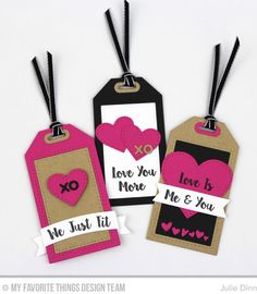 three tags that say love you more than me and you with hearts hanging from them