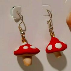 Brand New. Hand Made Mushroom Earrings. Handmade Cute Mushroom Earrings, Cute Handmade Mushroom-shaped Earrings, Cute Handmade Mushroom Earrings, Red Mushroom Design Jewelry Gift, Whimsical Red Drop Earrings, Whimsical Handmade Red Earrings, Handmade Fun Red Earrings, Fun Mushroom Design Jewelry For Gifts, Red Mushroom Design Earrings Gift