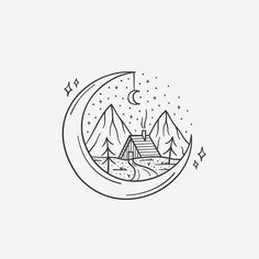 a drawing of a house on the moon with mountains and stars in the sky behind it