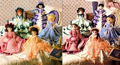 several dolls sitting on top of a bed next to each other