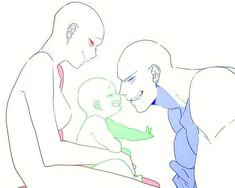 a drawing of a man holding a baby in his lap with another man looking at him