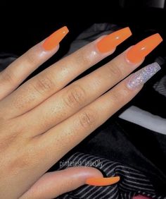 Orange Acrylic Nails, Nails With Glitter, Halloween Acrylic Nails, Simple Acrylic Nails, Fall Acrylic Nails, Orange Nails