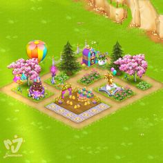 an image of a game scene with flowers and trees in the foreground, including a park