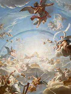 the painting depicts angels and other figures in an elaborately decorated sky with clouds above them