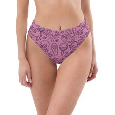 Summon summer vibes with Goth Cloth Co.'s Punk Love Bikini Bottom. Featuring a daring pattern of skulls, coffins, stars, flowers, "LOVE," and torches on a pink background, these bottoms blend gothic elegance and punk rock flair, perfect for beach and poolside adventures. Key Features: Recycled polyester fabric: Made from 88% recycled polyester and 12% elastane in the EU, or 81% REPREVE recycled polyester and 19% LYCRA XTRALIFE in MX, providing a soft, stretchy fit. Double-layered construction: Ensuring comfort and support for all figures. Zig-zag stitching: For added durability and style. Mix and match: Pair with different bikini tops for a trendy look. Tear-away care label: Making it easy to remove any tags. UPF 50+: Maximum sun protective rating achievable for fabrics. These bottoms are Fitted Graphic Print Bottoms For The Beach, High Waist Swimwear For Beach Festival, Fitted Graphic Print Beach Bottoms, Pastel Goth Swimsuit, Pink High-waist Seamless Swimwear, Pink Low-cut Poolside Swimwear, Pink 4-way Stretch Sports Swimwear, Sporty Pink 4-way Stretch Swimwear, Punk Love