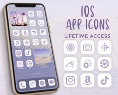 an iphone with icons on it and the text 10s app icons life time access