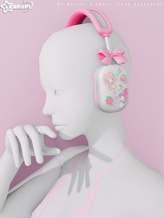 a white female mannequin with pink headphones on