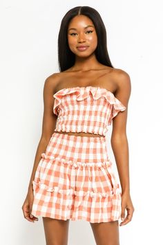 Two-Piece Dress Set - Orange Gingham Two-Piece Dress - Set | Boho Pink Cute Sets Two Pieces, Orange Gameday Outfit, College Gameday Outfits, Gameday Outfits, Orange Gingham, College Gameday, Tiered Mini Skirt, Mini Skirt Dress, Mini Skirt Set