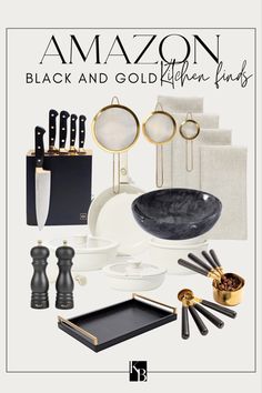 an advertisement for the amazon black and gold kitchen finds