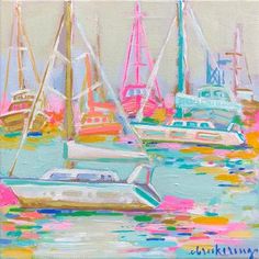 a painting of boats in the water with other boats behind them on a sunny day