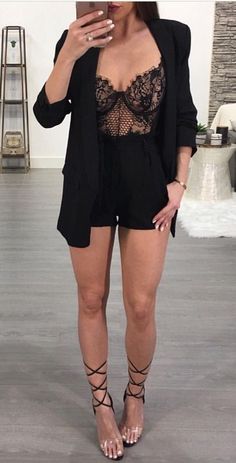 Shorts Outfits For Club Night Out, Hot Vegas Outfits, Black Dress Outfit With Heels, Short Dress With Blazer Outfit, Blazer Short Set Outfit, Dressy Clubbing Outfits, Short Slip Dress Outfit Night, Shorts And Heels Outfit Night, Blazer Com Short