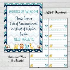 a blue and white baby shower sign with the words, words of wisdom