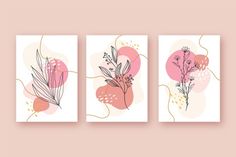 three paintings with flowers on them in pink and orange colors, one is an abstract painting