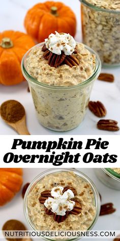 pumpkin pie overnight oats with pecans in the background