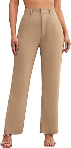 SweatyRocks Women's Elegant High Waist Solid Long Pants Office Trousers Khaki S at Amazon Women’s Clothing store Old Money Pants, Office Trousers Women, Office Pants Women, Trouser Pants Pattern, Trousers Women Outfit, Pant Trousers Women, Work Pants Women, Trouser Outfit, Office Pants