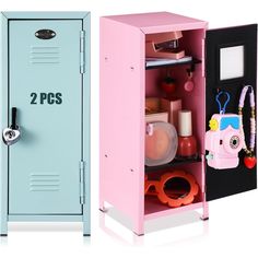 two different types of lockers with one open and the other closed, both in pink and blue