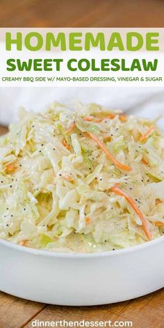 a white bowl filled with coleslaw on top of a wooden table