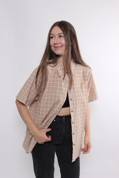 Hi! Welcome to TARASCOMMON.ETSY.COM, your destination for unique clothing from the 20th century! This listing includes a 90s plaid print short sleeve button up blouse in multicolor design. This top is perfect for adding a touch of retro charm to your wardrobe. Key Features: 90s funky retro button up top Vintage style plaid blouse Size: LARGE. Measurements (taken seam to seam while lying flat): Sleeve: 12cm / 4.72inch (armpit to end of sleeve) Width: 63cm / 24.8inch Length: 68cm / 26.77inch Mater Trendy Short Sleeve Plaid Blouse, Trendy Plaid Short Sleeve Blouse, Summer Plaid Button-up Short Sleeve Shirt, Plaid Short Sleeve Summer Blouse, Summer Plaid Short Sleeve Blouse, Summer Plaid Blouse With Short Sleeves, Summer Plaid Button-up Blouse, Retro Plaid Collared Tops, Vintage Plaid Button-up Blouse