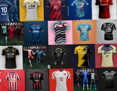 many different soccer jerseys are shown in this image, all with the same name and number on them