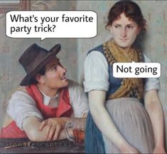 a man and woman sitting next to each other in front of a painting that says, what's your favorite party trick? not going