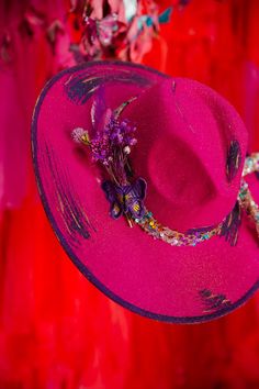 This stylish fuchsia rancher hat adds a touch of whimsy to any outfit. It features a beaded band encased in a dozen butterflies, for a unique and eye-catching look. Perfect for adding a little personality to your wardrobe. This hat is one-of-a-kind, created by our owner Stephanie. This hat is ONE OF A KIND. To receive item quicker, expedited shipping is available at checkout. Rancher Hat, Butterfly Effect, The Butterfly, Butterflies, Fashion Jewelry, Band, Wardrobe, Hats, Quick Saves