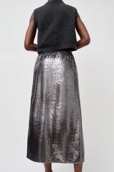 Wardrobe essential midi skirt in a dynamic metallic silver. Easily dresses up or down. Super comfortable drawstring closure. Long Skirts For Women, Pony Hair, Womens Size Chart, Silver Hair, Kids Sleepwear, New Wardrobe, Stripe Sweater, Silk Printing, Long Skirt