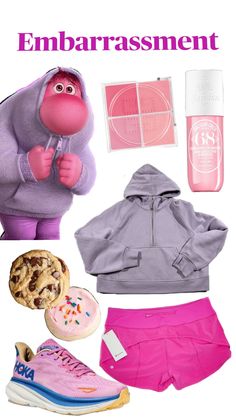 an image of the smurfs character in pink shorts and hoodie with other items